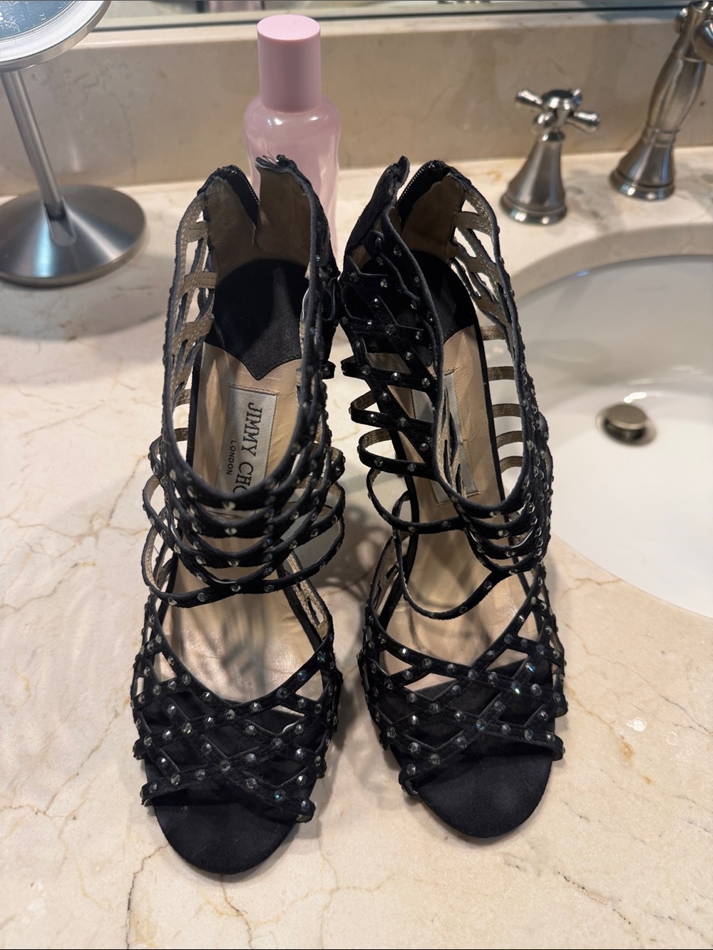 Jimmy Choo Black Crystal-Stud Cage Lace-Up Heels
